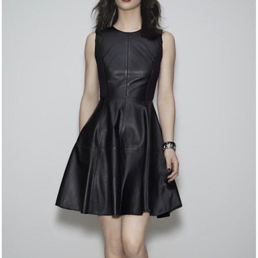 Halogen 100% LEATHER DRESS PONTE BLACK FIT FLARE CAREER SIZE 2 $295 (B)
